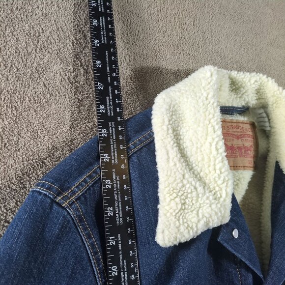 Levi’s Sherpa Denim Jacket Mens M Blue Faux Shearling Trucker Dark Wash Western - Picture 6 of 10